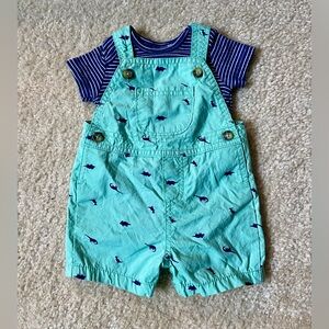3 Months Green & Blue Dinosaur Print Overalls & Striped Bodysuit Set | Baby Boy